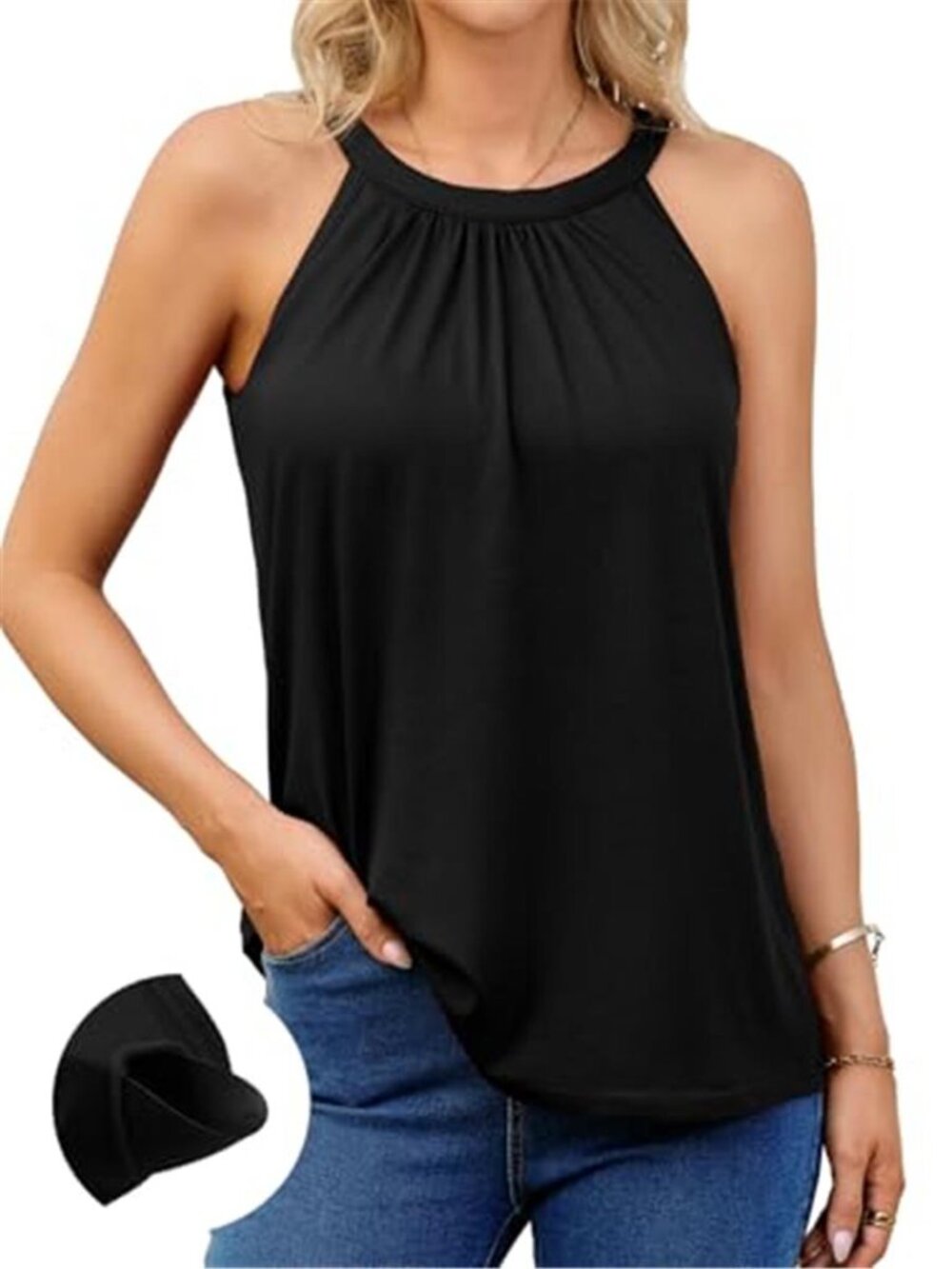 Black Halter Tank Top Built-In Bra Loose Fit Sleeveless Summer Cami